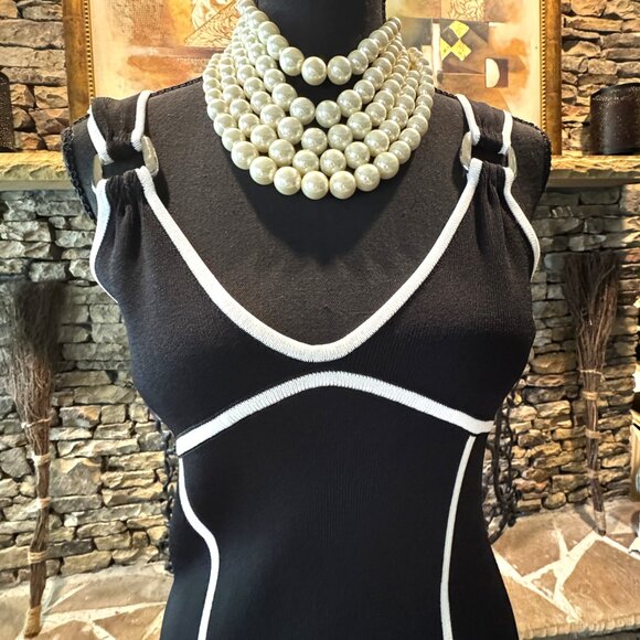 Lovely BCBG sleeveless Black tailored Dress with 2 vertical stripes, Size Small - Picture 5 of 9